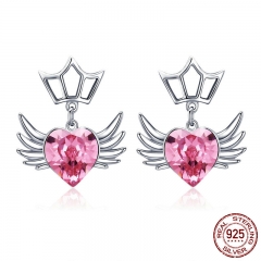 Authentic 925 Sterling Silver Dream Wings Pink Heart CZ Exquisite Stud Earrings for Women Sterling Silver Jewelry SCE505 EARR-0575