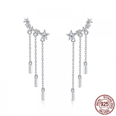 Genuine 925 Sterling Silver Long Chain Star Dazzling CZ Drop Earrings for Women Fashion Earrings Silver Jewelry SCE399 EARR-0507