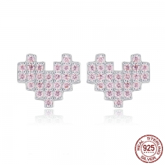 Hot Sale 925 Sterling Silver Romantic Heart Pink CZ Small Stud Earrings for Women Sterling Silver Jewelry Gift SCE472 EARR-0574