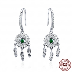 Authentic 925 Sterling Silver Vintage Dream Catcher Green CZ Drop Earrings for Women Sterling Silver Jewelry Gift SCE441 EARR-0502