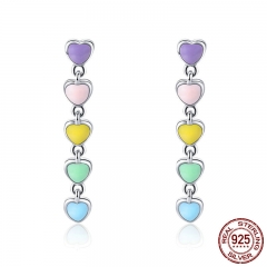 Romantic Genuine 925 Sterling Silver Rainbow Heart Enamel Drop Earrings for Women Fashion Sterling Silver Jewelry SCE451 EARR-0515