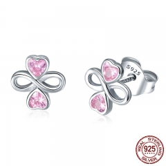 Real 925 Sterling Silver Infinite Love Pink Heart Clover Small Stud Earrings for Women Authentic Silver Jewelry SCE455 EARR-0542