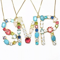 Big Fashion colorful cz stone gold plated rainbow initial capital letter necklace letter necklace