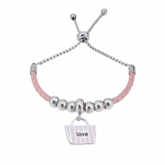 Stainless Steel Women Adjustable PinkLeather Charm Bracelet SL057