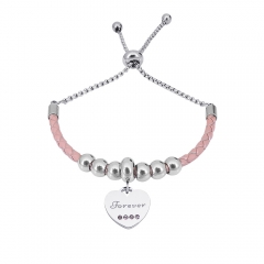 Stainless Steel Women Adjustable PinkLeather Charm Bracelet SL068