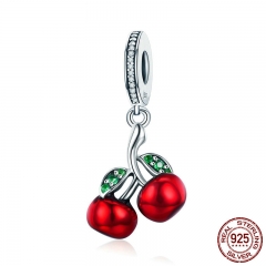 Trendy 925 Sterling Silver Fruit Red Enamel Cherry pendant Charm Fit Women Bracelets & Necklaces Fashion Jewelry SCC784 CHARM-0846
