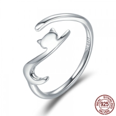 100% 925 Sterling Silver Sticky Cat with Long Tail Finger Ring Women Ring Adjustable Engagement Ring Jewelry SCR220 RING-0258