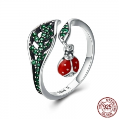 925 Sterling Silver Resting Ladybug Dangle in Tree Leaves Finger Rings for Women Sterling Silver Jewelry Gift SCR310 RING-0343