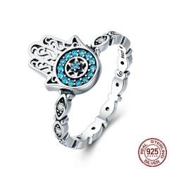 Genuine 100% 925 Sterling Silver Fatima's Guarding Hand Blue CZ Eyes Finger Ring for Women Engagement Jewelry SCR369 RING-0407