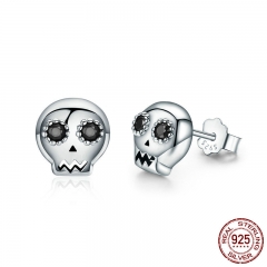 Genuine 925 Sterling Silver Skull Skeleton Stud Earrings for Women Black Clear CZ Sterling Silver Jewelry Brincos SCE064 EARR-0131