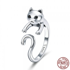 Genuine 925 Sterling Silver Long Tail Naughty Cat Finger Rings for Women Adjustable Size Sterling Silver Jewelry SCR409 RING-0454