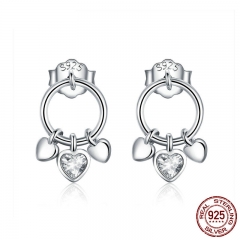 Romantic Genuine 925 Sterling Silver Heart to Heart Stud Earrings for Women Clear CZ Sterling Silver Jewelry Gift SCE494 EARR-0559