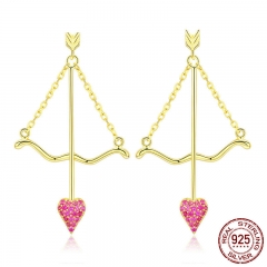 Genuine 925 Sterling Silver Cupid Arrow Pink Heart Drop Earrings for Women Valentines Day Gift Jewelry BSE023 EARR-0588